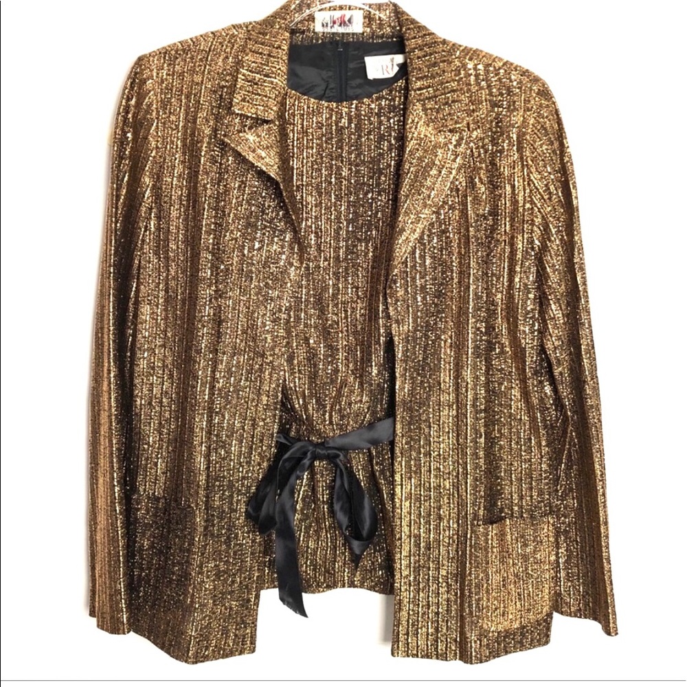 Vintage Gold Metallic Jacket & Top Set with Black Ribbon Tie Belt